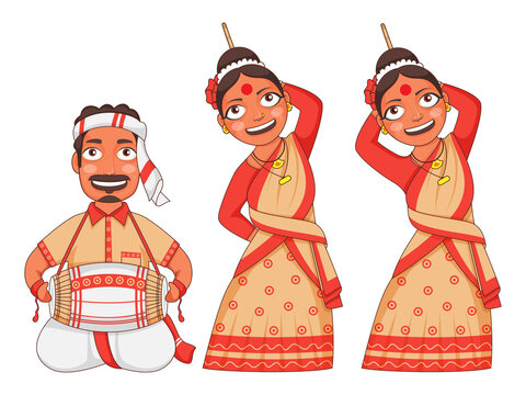 Assam Women Dancing And Man Play Dhol In Traditional Attire.