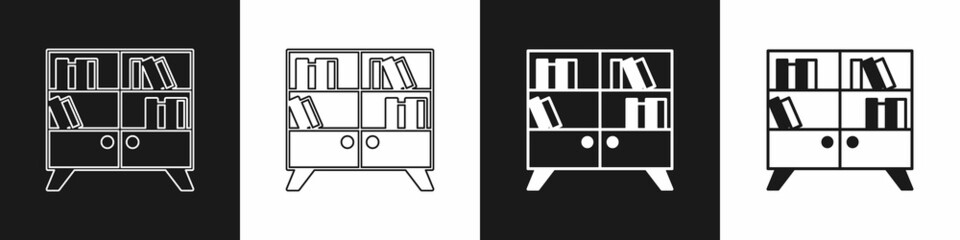 Set Library bookshelf icon isolated on black and white background. Vector