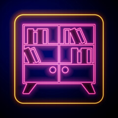 Glowing neon Library bookshelf icon isolated on black background. Vector