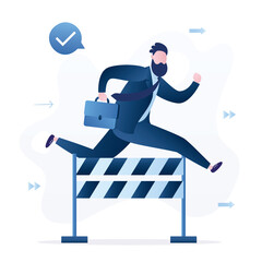 Businessman jumps over hurdle. Overcoming obstacles, solving business problems. Skills improvement. Successful employee fast run. Confident male character.