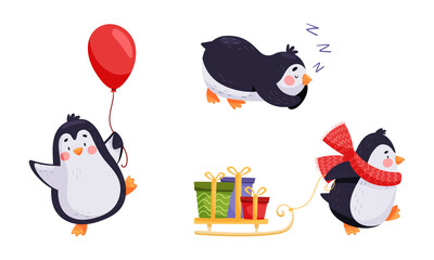 Cute penguin characters set. Adorable penguins playing with red balloon, pulling sledge with gift boxes cartoon vector illustration