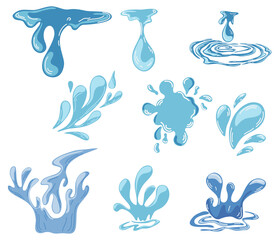 Fototapeta na wymiar Water. Different Water Drops. Set of icons of flowing drops, waves, tears, splashes, splashes of nature. Dripping liquid. Water spill. Sea summer moisture, freshness. Vector cartoon illustration