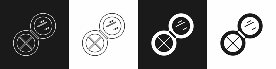 Set Makeup powder with mirror icon isolated on black and white background. Vector