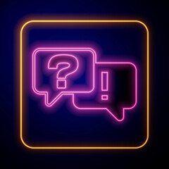 Glowing neon Speech bubbles with Question and Answer icon isolated on black background. Q and A symbol. FAQ sign. Chat speech bubble and chart. Vector