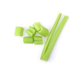Cut celery sticks on white background