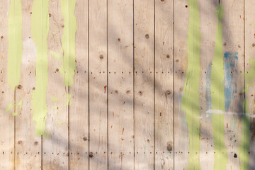 Wooden wall with green paint lines and tree shadow