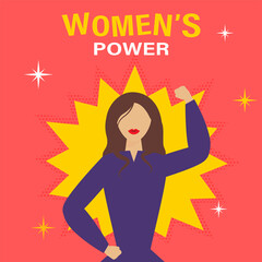 Women's Power Concept With Cartoon Strong Young Girl On Yellow And Peach Background.