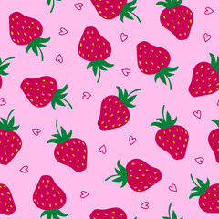 Cute seamless pattern with strawberries and hearts. Vector design for textile, wrapping paper, greeting cards.