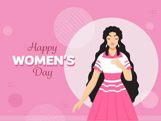 Happy Women's Day Font With Beautiful Teenage Girl Character On Pink Background.