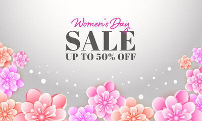 UP TO 50% Off For Women's Day Banner Design Decorated With Beautiful Glossy Flowers.