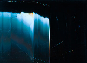 Broken overlay. Crushed texture. Damaged matrix. Blue orange digital distortion dust scratches on...