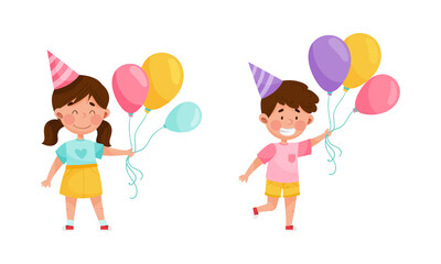 Obraz na płótnie Canvas Happy kids celebrating birthday set. Boys and girl in party with colorful balloons cartoon vector illustration