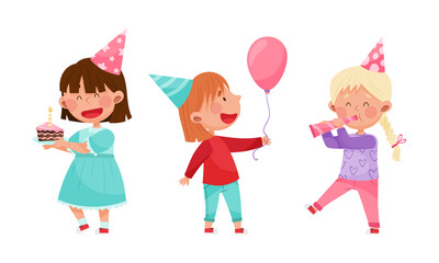 Joyful little girls celebrating birthday set. Adorable kids wearing party hats having fun at party cartoon vector illustration
