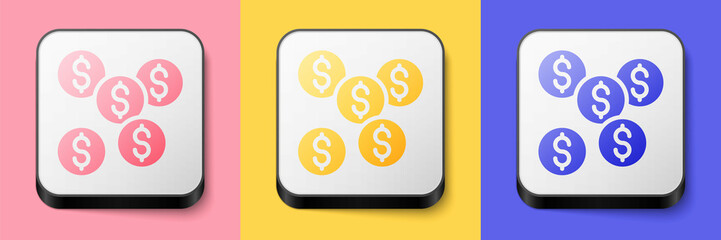 Isometric Dollar symbol icon isolated on pink, yellow and blue background. Cash and money, wealth, payment symbol. Casino gambling. Square button. Vector