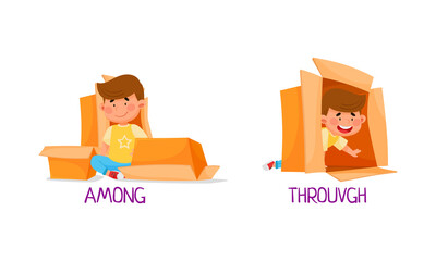 Preposition of place with boy standing among and through the box cartoon vector illustration