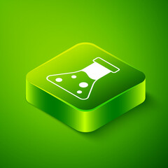 Isometric Oil petrol test tube icon isolated on green background. Cmemistry flask and falling drop. Green square button. Vector