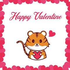 Obraz na płótnie Canvas Happy Valentine with Cute Tiger Holding Heart and Love Elements Suitable for Banner, Card, Greetings, Web, Sticker, and Flyer