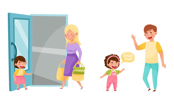 Cute kids showing good manners set. Adorable boys helping to adults and greeting cartoon vector illustration