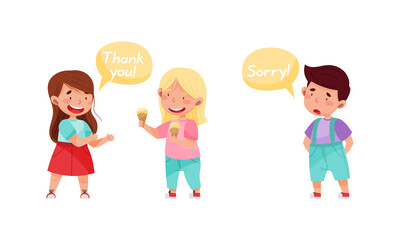 Cute kids with good manners set. Adorable boys and girl sharing sweets and apologising cartoon vector illustration - obrazy, fototapety, plakaty