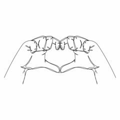Continuous one simple single abstract line drawing of hands in heart icon in silhouette on a white background. Linear stylized.