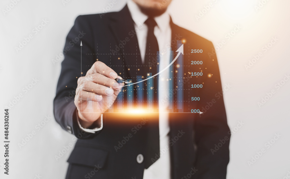 Poster businessman trading stock market on visual screen digital chart data analysis , trader