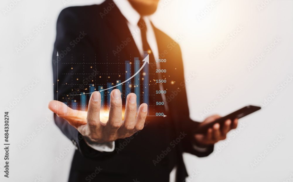 Poster businessman trading stock market on visual screen digital chart data analysis , trader