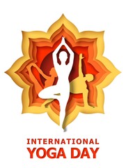International Yoga Day poster template. Vector illustration in paper art style. Healthy lifestyle.