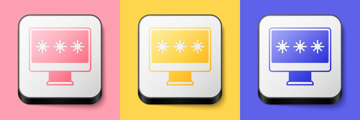 Isometric Monitor with password notification icon isolated on pink, yellow and blue background. Security, personal access, user authorization, login form. Square button. Vector