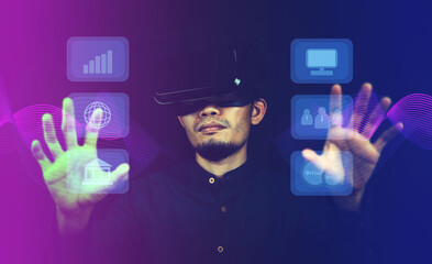 Man using VR glasses with visual screen metaverse communication