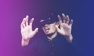 Man using VR glasses with visual screen metaverse communication