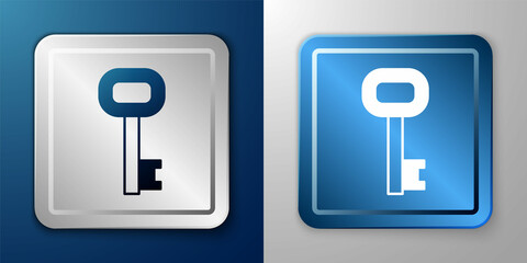 White Old key icon isolated on blue and grey background. Silver and blue square button. Vector