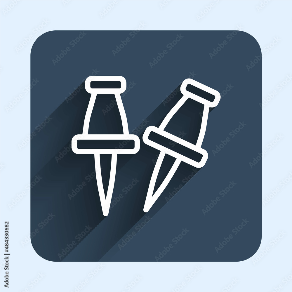 Poster white line push pin icon isolated with long shadow background. thumbtacks sign. blue square button. 