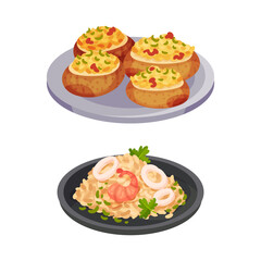 Italian food traditional dishes set. Risotto and bruschetta served on plates vector illustration