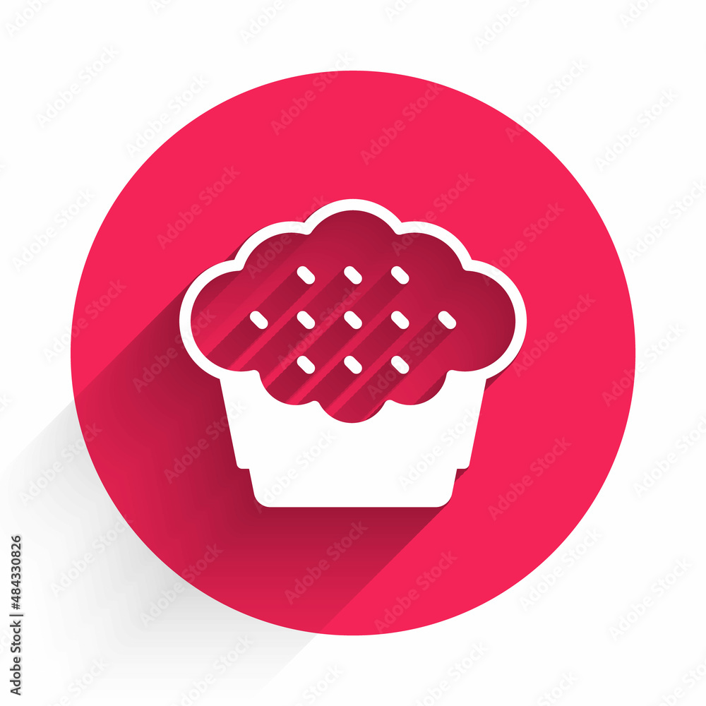 Poster white muffin icon isolated with long shadow background. red circle button. vector