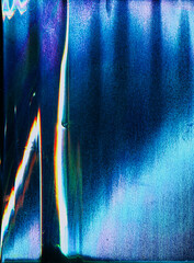 Holographic glitch. Noise overlay. Distressed surface. Neon blue pink orange color gradient glow...