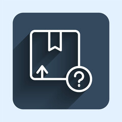 White line Carton cardboard box icon isolated with long shadow background. Box, package, parcel sign. Delivery and packaging. Blue square button. Vector