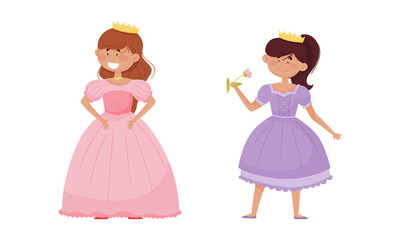  ute little princess set. Adorable little girls dressed nice dress and golden crown cartoon vector illustration