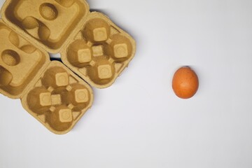 An egg outside of empty cardboard egg boxes.