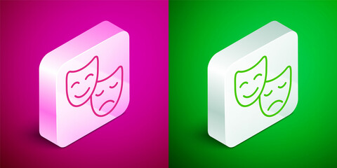 Isometric line Comedy and tragedy theatrical masks icon isolated on pink and green background. Silver square button. Vector