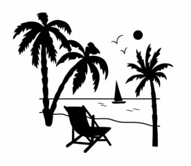 Black silhouette of seashore with palm trees, chair and seagulls. Vacation on ocean, summer seaside resort. Vector illustration of isolated on white background