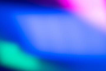 Blur glow background. Neon light frame. UV led illumination. Defocused blue pink green color flecks...