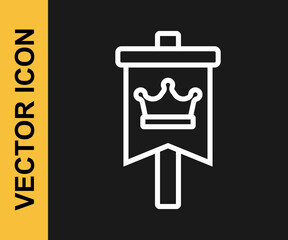 White line Medieval flag icon isolated on black background. Country, state, or territory ruled by a king or queen. Vector