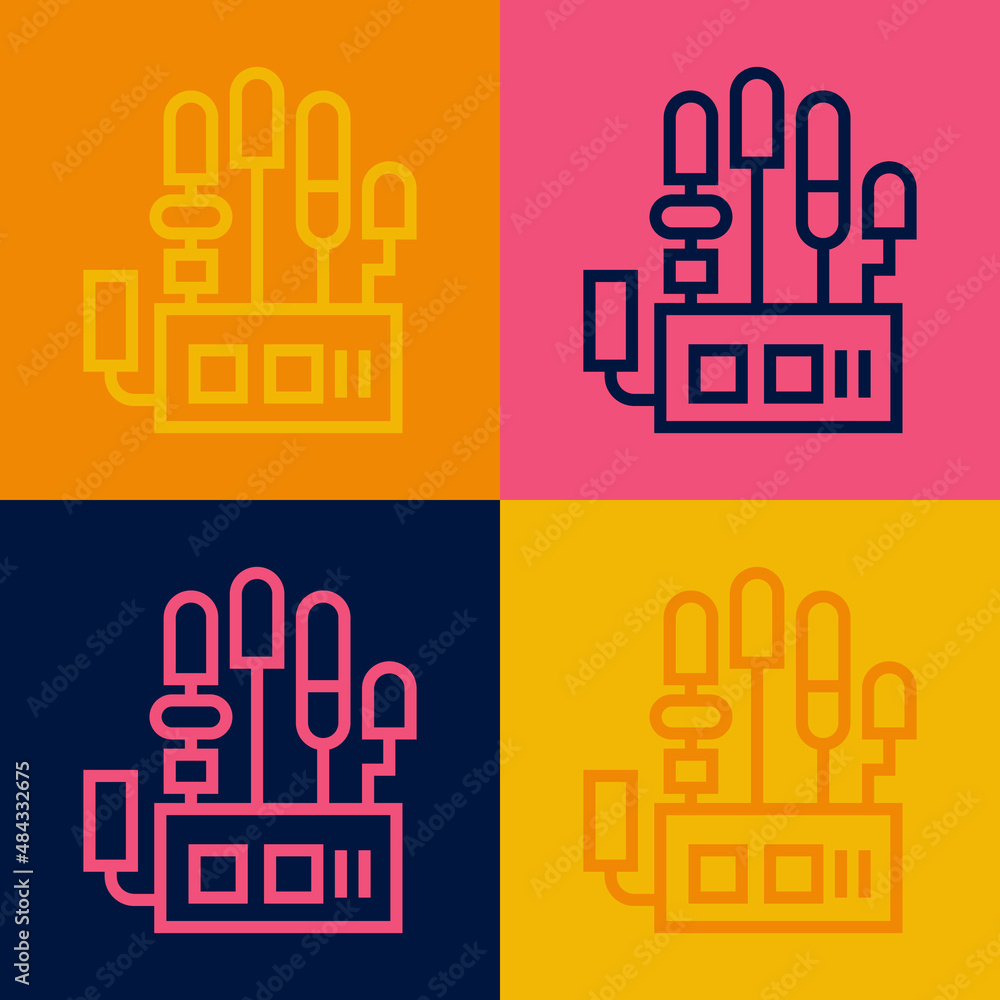 Poster pop art line mechanical robot hand icon isolated on color background. robotic arm symbol. technologi
