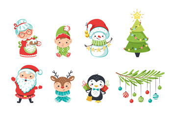 Obraz na płótnie Canvas Smiling friendly Santa Claus with beard, snowman with garland, gnome and deer, Christmas tree with toys, grandmother with mistletoe pie and penguin with gift boxes