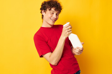 guy with red curly hair detergent posing emotion isolated background unaltered