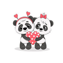 Cartoon cute pandas holding a big heart.Valentine's day card.Panda with heart.Love illustration
