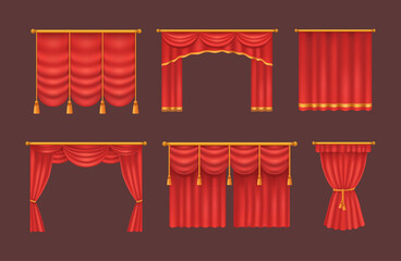 Realistic red theater curtains. Red silk velvet curtains and draperies design interior, theater stage decoration, wedding salon, cinema, hall opera.