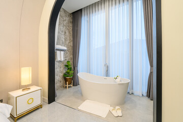 modern style interior  design of bathroom and bedroom. - 484333243