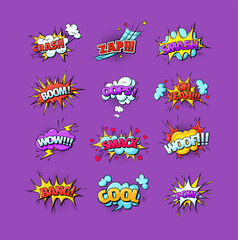 Comic speech bubble sound effects pop art style. Speech clouds with quotes, exclamations, surprise, admiration, anger, sound effects pop art. Comic speech bubble, boom, burst clouds cartoon