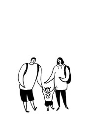 子供（女の子）とお父さん、お母さん、家族、線画（縦、下中央配置）